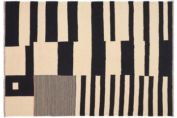 Flat Weave Kilim, Antique, Navaho, Vintage, Handmade, Modern Kilim Beige Black Hand-Woven Rectangle 100% Wool Area Rug 8 x 10